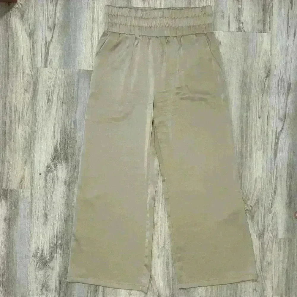 Sincerely Jules Women’s Wide Leg Satin Designer Stretch Dress Pants Tan Size XL